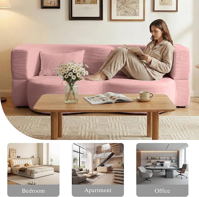 2-in-1 Folding Convertible Sofa Bed - 78 Inch Boneless Teddy Loveseat Sleeper Foldable Floor Futon Couch with Pillow Pull-Out Modular Matress for Small Spaces (Living Room/Bedroom/Dorm) (Pink)