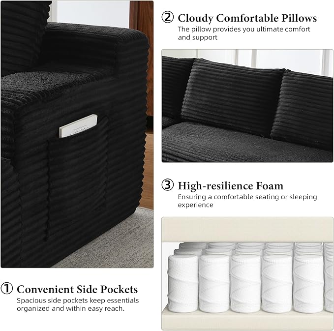 Boneless Couch Corduroy Cloud Sofa 96'' Sectional Couches Deep Seat L-Shaped Sofa No Assembly Pet-Friendly Apartment Couch for Living Room Small Spaces in a Box