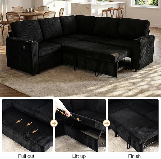 83 Sleeper Couch with Pull Out Sofa Bed 5-Seater Sectional Couches for Living Room L-Shaped Couch with Storage USB Port &amp Cup Holder Corduroy Convertible Corner Sofa for Apartment