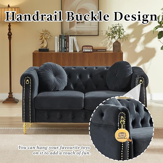 2 Pieces Black Velvet Chesterfield 82 3-Seater Sofa Sets with Two Pillows Featuring Copper Stud Detailing with Metal Legs Loop Design Allows for Hanging Cartoon Ornaments.