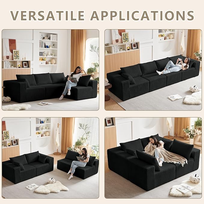 104” Modular Cloud Sectional Sofa Plush Corduroy Boneless Couch L-Shaped Sectional Deep Seat Sofas for Living Room Bedroom No Assembly Required Black