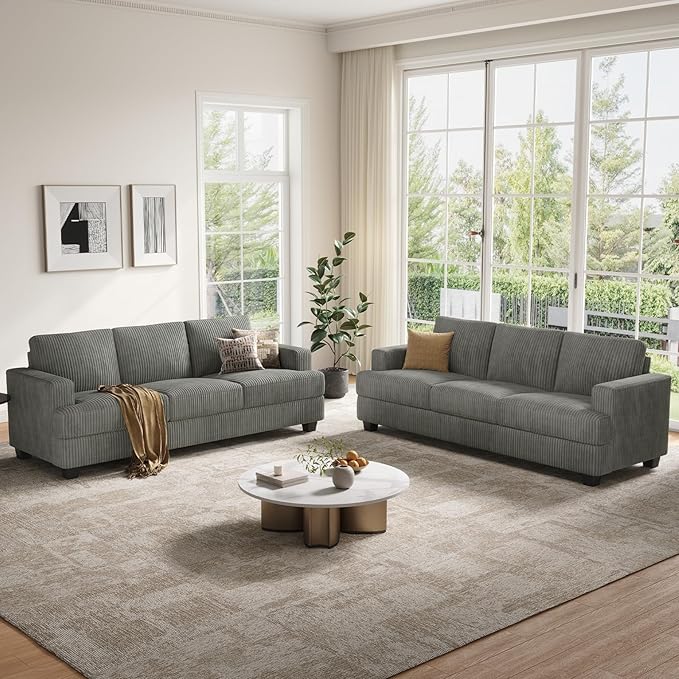 89 Inch Sofa with Extra Deep Seats Oversize 3 Seater Sofa for Living Room Modern Couch and Sofa Comfy Armrests and Seats and Backrests Easy InstallationWide Corduroy Fabric Gray