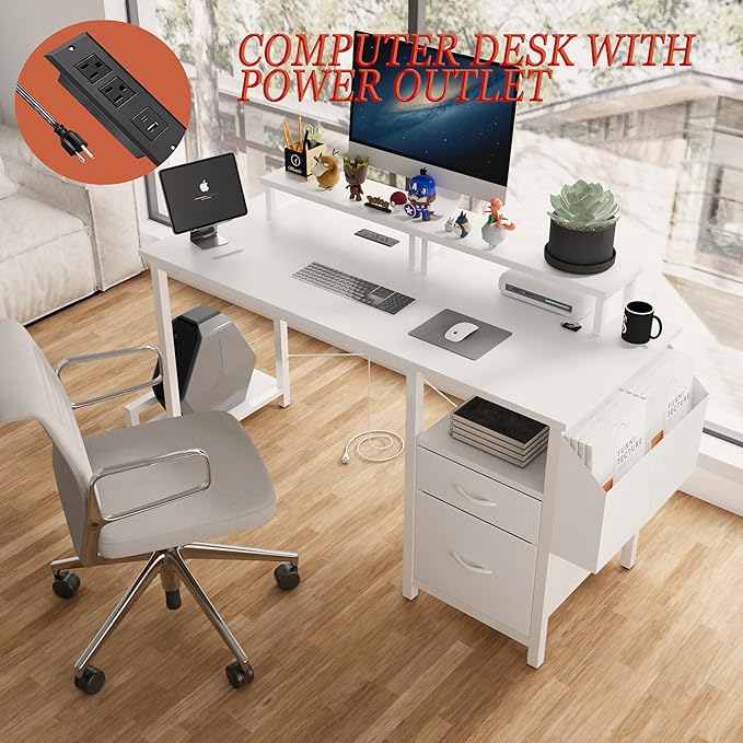 47.3 Office Desk with Power Outlet2 Monitor Stands2 DrawersSide PocketEasy to AssembleFrame Stability Reversibleuse for Home Desk Computer Desk Game TableWhite