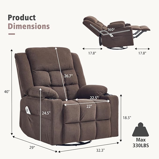 Swivel Rocker Recliner Chair for Adults with Massage and Heat Cup Holders and Side Pockets Glider Rocking Reclining Single Sofa Chair for Living Room (Cocoa)
