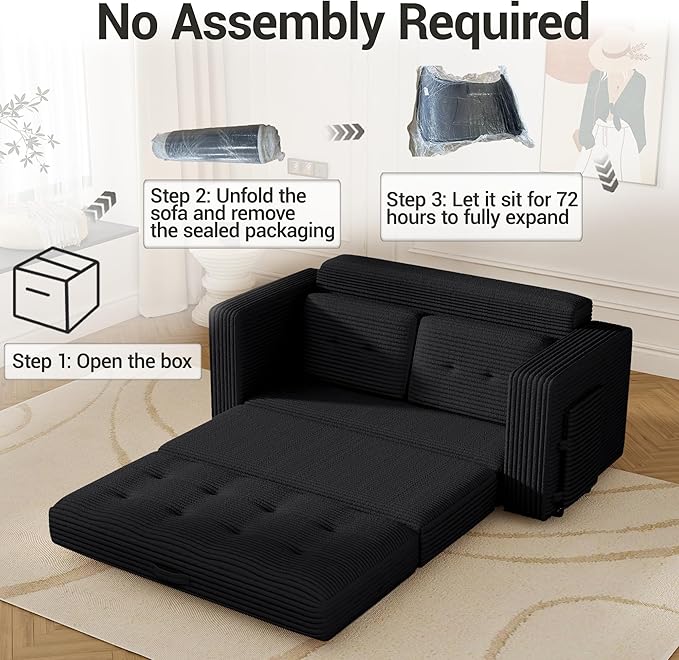 2 in 1 Convertible Sofa Bed Pull Out Loveseat Boneless Couch Sleeper Sofabed Folding Couch Bed with Pillow for Living Room Bedroom Black