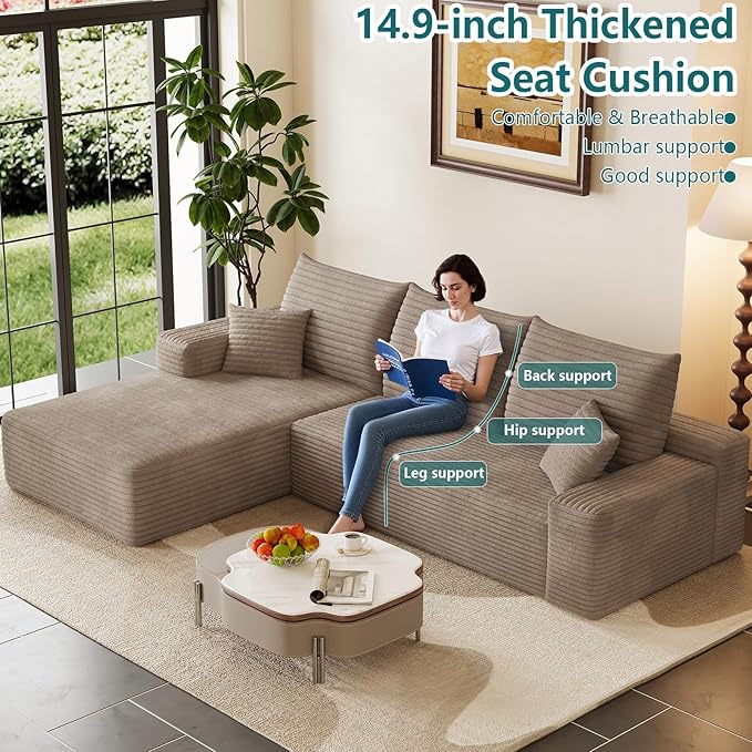 95 Modular Sectional Couch Boneless L Shaped Cloud Sofa with Chaise Lounge Corduroy Upholstered Couches Memory Foam Deep Seat No Assembly Required Ideal for Living Room(Camel Left Facing)