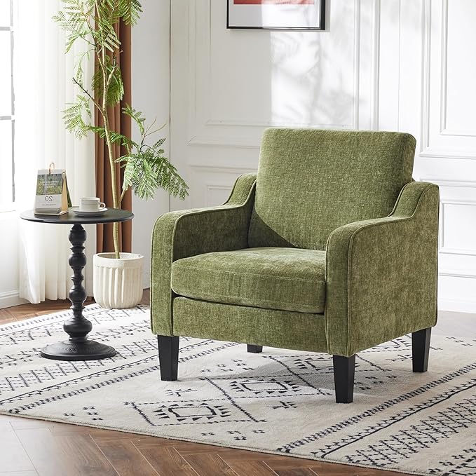 VINGLI Chair Olive Green Upholstered Chenille Accent Chair for Living Room Bedroom Mid-Century Modern Arm Chair Comfy Reading Chair with Scooped Arms