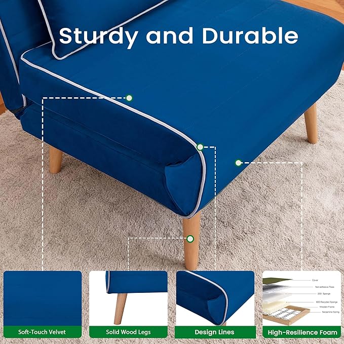 3-in-1 Convertible Sofa Bed Futon Sofa Bed with Pillow &amp Adjustable Backrest Recliner Sleeper Sofa for Small Spaces Living Room Bedroom or Office Blue 2 Set