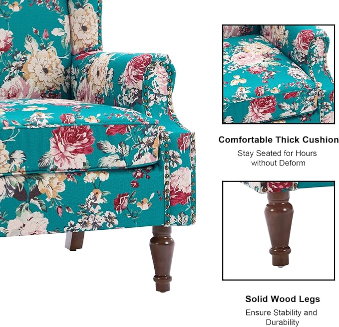 Floral High Back Accent Chair Upholstered Armchair with Solid Wood Legs Comfy Wingback Reading Single Sofa Chair for Small Spaces Living Room Bedroom(Floral Peacock Blue Set of 2)