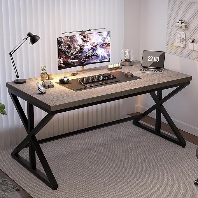 IBF Computer Desk Industrial PC Laptop Office Desk Farmhouse Gaming Desk with Spacious Desktop Rustic Wood Metal Writing Study Work Table for Home Office Bedroom 47 Inch Grey Oak