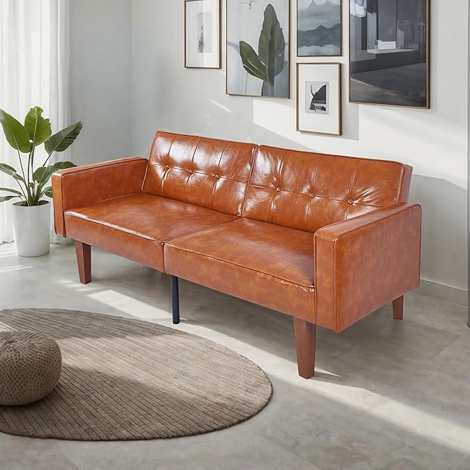 Adjustable Backrest Convertable Sofa Modern PU Leather 2-Seat Futon Sofa Convertible Faux Leather Sleeper Couch with Armrests Couch for Living Room Home Office Spaces
