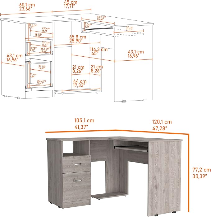 Light Grey L-Shaped Desk with 2 Drawers &amp Shelf - Spacious Work &amp Storage Space - Modern &amp Stylish Home Office