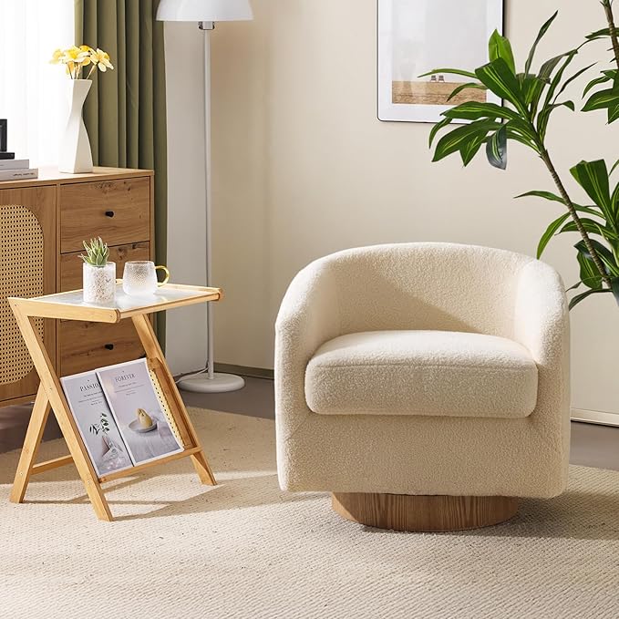 VINGLI 360°Swivel Accent Chair with Engineered Wood Base and Removable Cushion for Living Room Bedroom Curved Back Barrel Chair for Small Space Upholstered Bucket Armchair Teddy Khaki