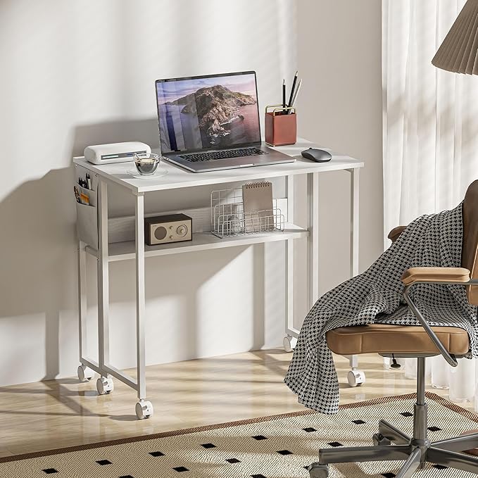 HOMCOM Small Folding Desk Rolling Computer Desk Foldable with Storage Bag and Shelf 31.5 Portable Writing Table on Wheels for Small Spaces Home Office Study Easy Assembly White