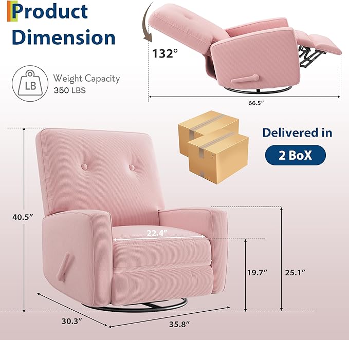 Recliner Chair 360° Swivel Rocking Glider Chair for Adults with Adjustable Backrest &amp Footrest Cozy Corduroy Upholstered Armchair for Living Rooms Bedrooms Apartments Pink