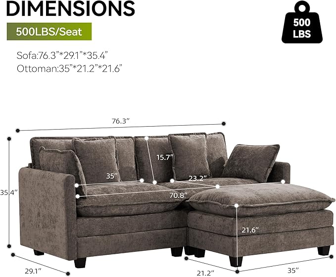 Cloud Couch Loveseat with Ottoman Oversized Comfy Modular Sectional L Shaped Sofa with Deep Seat Cushions Chenille 2-Seater Lounge Set for Living Room Brown