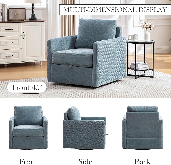 Aoiy &amp Wifon 29.5''W Swivel Accent Chair Comfy Modern Square Arm Chair with Hidden Storage for Living Room/Bedroom/Office Chenille Blue