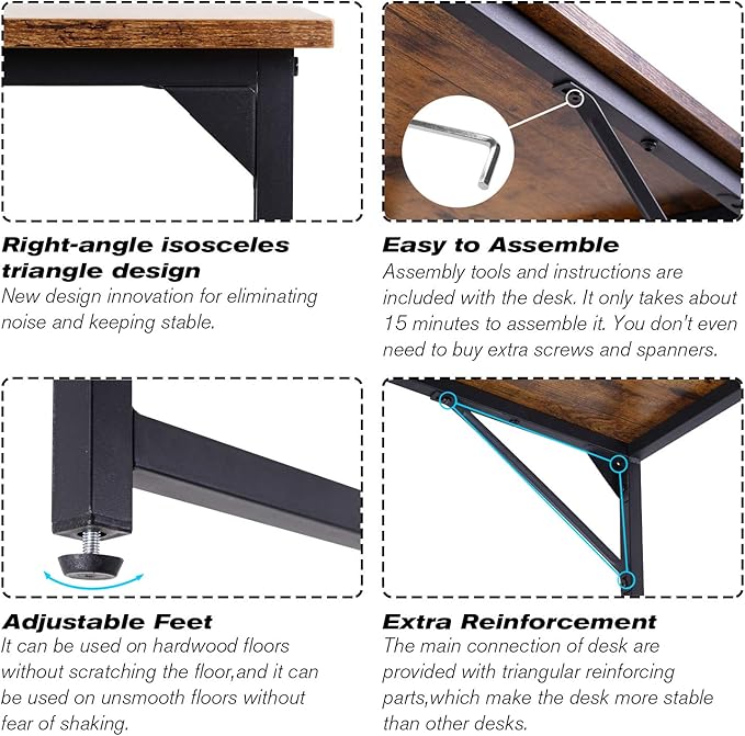 HCB Computer Desk 39inch Home Office Desk Writing Study Table Modern Simple Style PC Desk with Black Metal Frame(Brown)39x20x29inch