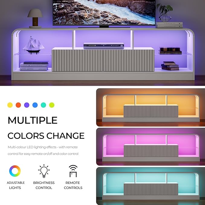 TV Stand for 60/65/70 Inch TVs Modern Curved TV Console with LED Lights 2 Drawers &amp Glass Shelves Living Room Entertainment Center