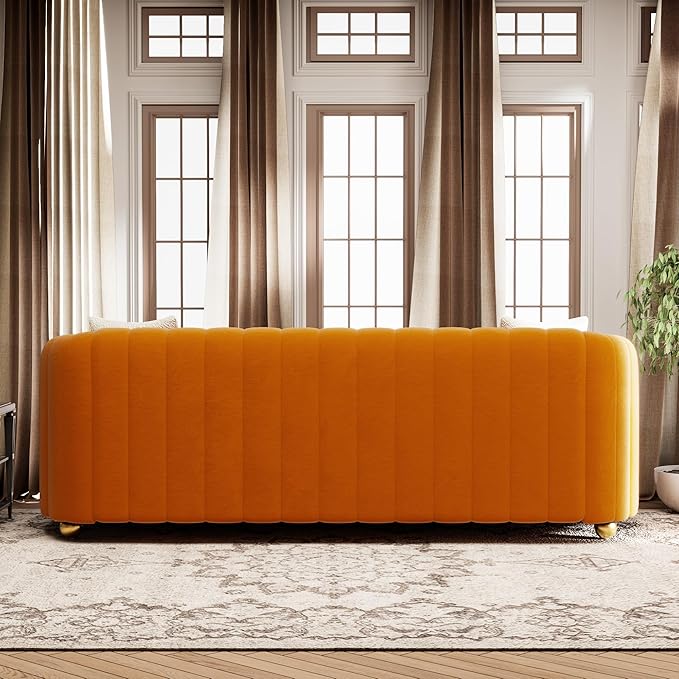 KEAI 83.46 Velvet Couch for Living Room Large Modern Sofa with Gold Metal Sphere Legs Office Upholstered Comfy 3 Seater Couches Cute Sherpa Bedroom Furniture (Orange)