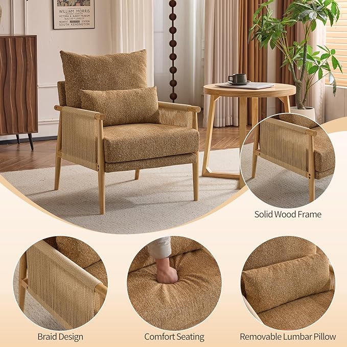 Karl home Cozy Chenille Accent Chair with Lumbar Pillow &amp Rattan Arms Modern Lounge Chair for Living Room Bedroom Reading Nook Khaki