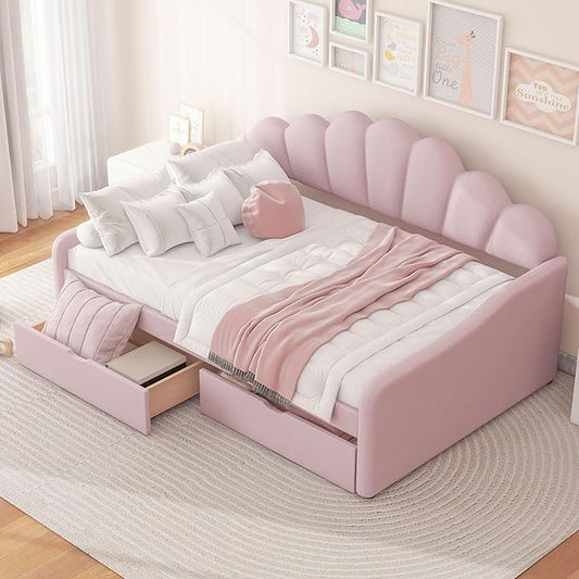 Bellemave Full Size Upholstered Daybed Frame with Shall Shaped Backrest &amp 2 Drawers Velvet Fabric Sturdy Pine Wood Legs for Bedroom/Guest Room Pink