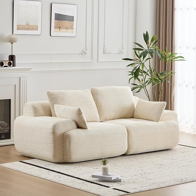 Modern Loveseat with Pillows Extra Deep Soft Cloud Love Seat with Multiple Corduroy Boneless 2 Seate Couch for Living Room Apartments Bedrooms Guest Rooms (Beige 2 Seat)