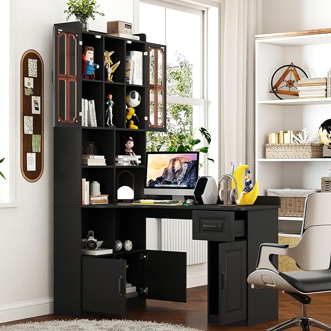 l Shaped Desk with Hutch &amp Drawers Small Corner Desks for Small Space Home Office Farmhouse Desk and Bookshelf Combo with Storage (Black)