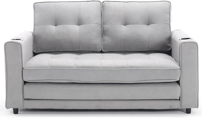 Futon Sofa Bed Convertible Folding Futon Couch Breathable Small CouchAdjustable Pull Out Chaise Lounge for Compact Living Studio in Living Room and Bedroom Offices Loveseat (Light Gray+Holder)