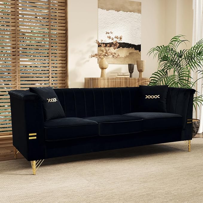 2 Piece 84'' L Modern 3 Seater Black Velvet Sofa Couches with Metal Gold Legs for Living Room Mid Century Classic Tufted Chesterfield Sofa Set for Apartment Office Home