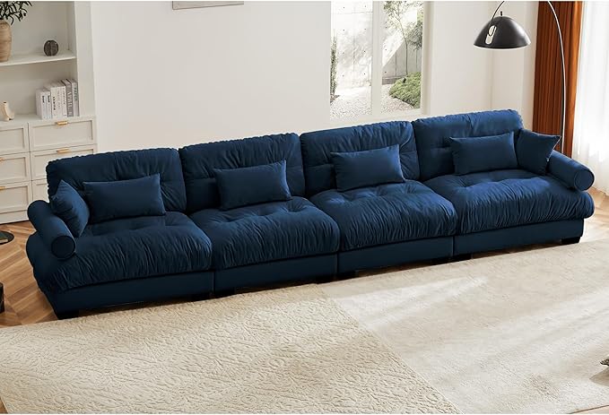 166 Modern Oversized Modular Cloud Sectional Sofa 4-Seater L-Shaped Couch Sofa with Pillows and Thick Cushions Comfortable Velvet Living Room Sofas Set for Home Theater &amp Apartment Blue