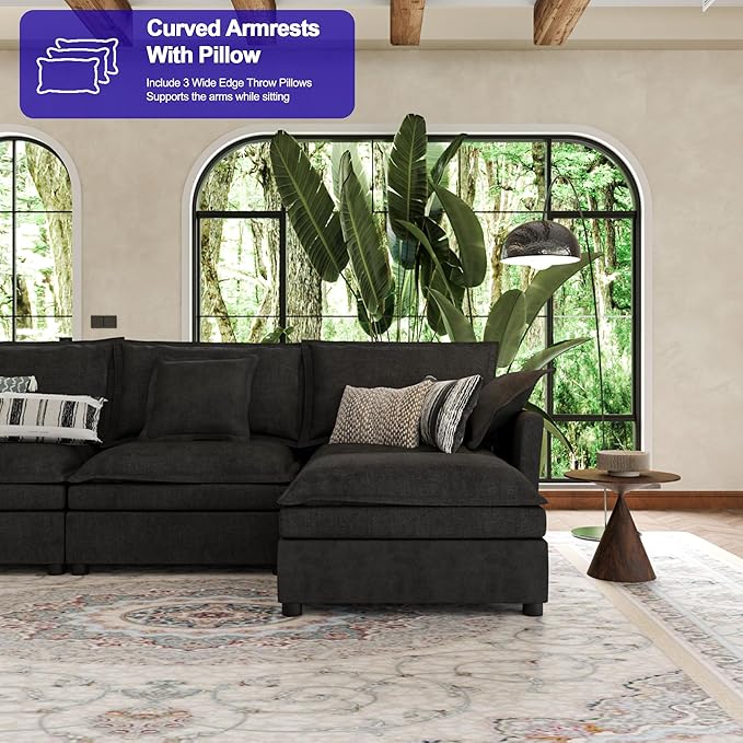 112 Inch Dark Grey Cloud Sectional Couch - Wide Pillow Edge Chenille Comfy Upholstered 3 Seater Modular Sofa with Ottoman L Shaped Couches for Living Room Apartment Office