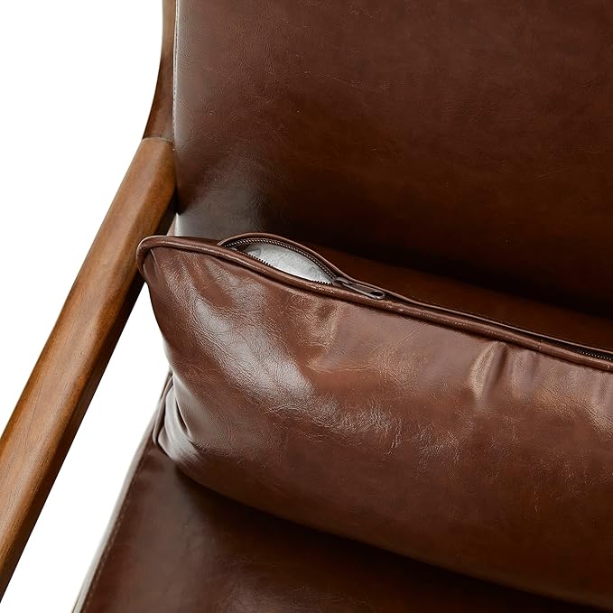 Glitzhome 2 Set Mid Century Coffee Accent Armchair Single Reading Armchair PU Leather Lounge Chair with Walnut Ruberwood Frame