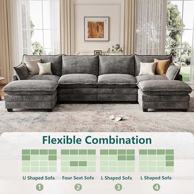 Modular Sectional U Shaped Sofa Couches for Living Room Cloud Couch with Movable Ottoman Comfy Chenille Sofa with Pillow for Bedroom and ApartmentDark Gray