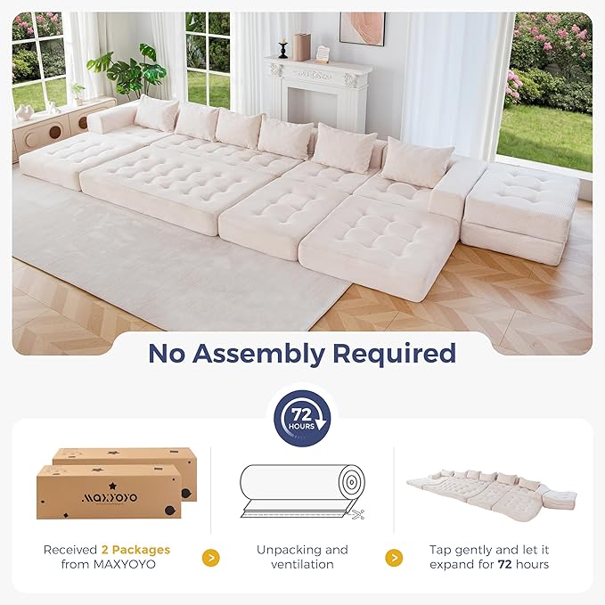 MAXYOYO Modular Sectional Sofa Couch Foldable U Shaped Cloud Couch with Pillows Tufted 7-Seat Boneless Sleeper Lounger Floor Sofa Bed for Living Room No Assembly Required Beige