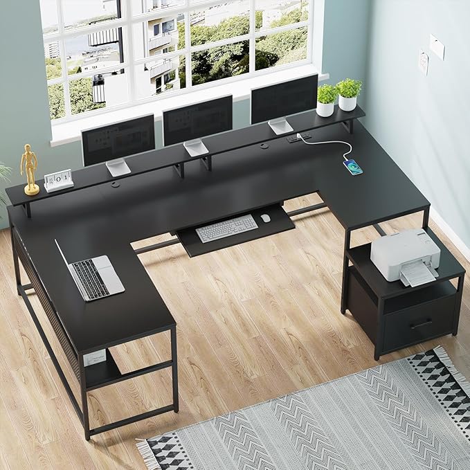 SEDETA U Shaped Desk Reversible L Shaped Home Office Desk with File Drawer &amp Power Outlet 101.5'' Computer Two Person Desk with Monitor Shelf Keyboard Tray Gaming Desk Black