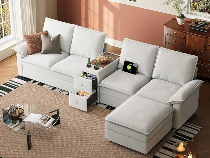 LINSY HOME Modular Sectional Couches 115 L Shaped Cloud Sofa with Versatile Console Chenille 4-Seat Sofa Set for Living Room Apartment Office Beige