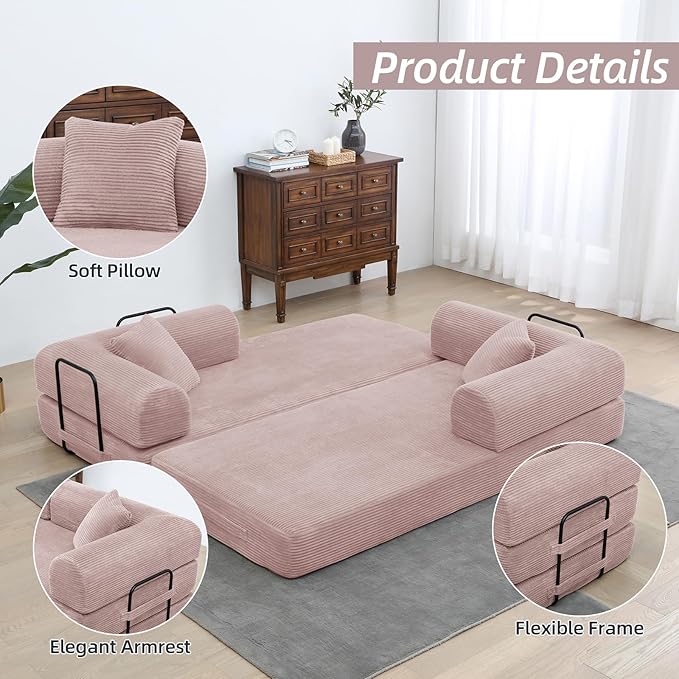 Convertible Folding Sofa BedFold Out Floor Sofa Couch with Fixed-Shape FrameCorduroy Foldable Mattress Cloud Couch for Living Room Bedroom (Pink 78 Inch)