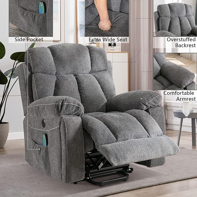 CANMOV Large Power Lift Recliner Chairs with Massage and Heat for Elderly Big People Heavy Duty Motion Reclining Mechanism-Anti Skid Fabric Recliner Chair with 2 Concealed Cup HoldersDark Gray
