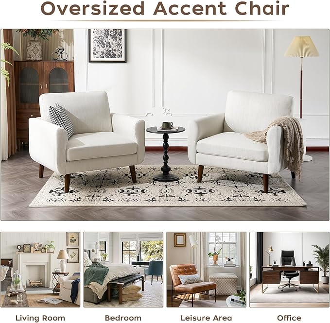 ELUCHANG Accent Chair Set of 1 Oversized Mid Century Modern Arm Chair Soft Linen Fabric Sofa Chairs Upholstered Comfy Chair for Living Room Bedroom Apartment (Creamy White)