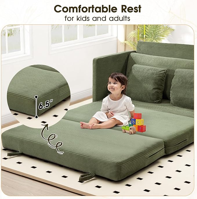 65 Convertible Loveseat Sofa Bed 2-in-1 Folding Sofa Bed with 2 Pillow for Small Spaces Modern Loveseat Sleeper Couch for Apartment Living Room &amp Guest Room (Green Corduroy 65 inch)