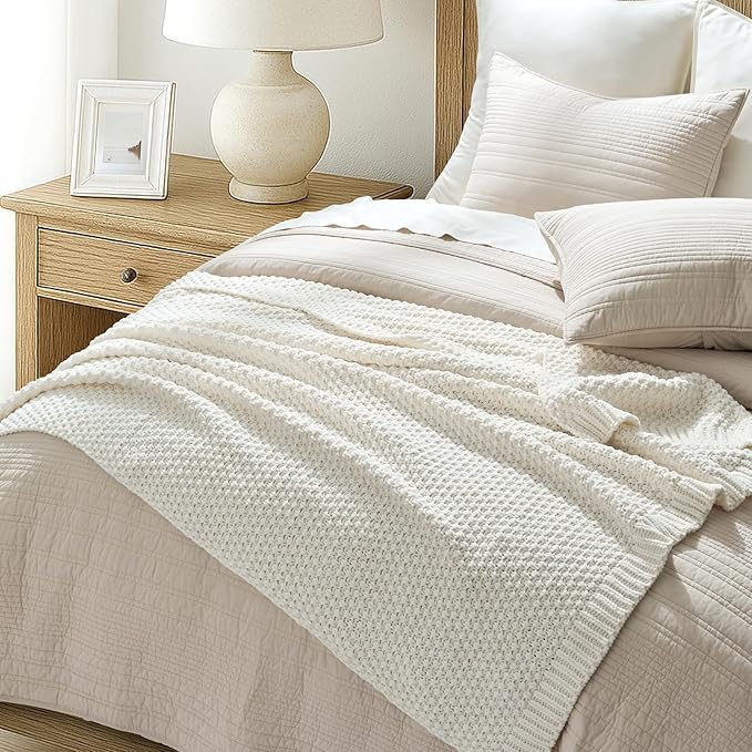 EVERGRACEHOME Chunky Chenille Knit Throw Blanket for Couch Soft Luxurious Moss Stitch Blankets for Bed Cozy Decorative Farmhouse Knitted Throws for Sofa Bright White 50 x 60