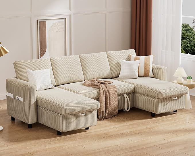 Vipbear 104 Sectional Sleeper Sofa Bed with Pull Out Bed U Shaped Couch Pull Out Couch with Reclining Backrest Reversible Storage Chaise USB Ports Tool-Free Assembly Corduroy Beige