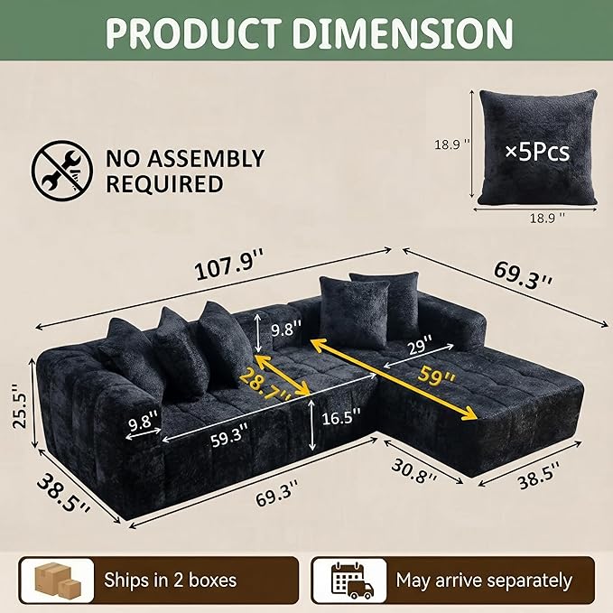 Boneless Sectional Couch L Shaped-108 Inch Black Sherpa Cloud Sectional Sofa for Living Room Modern Couch with Chaise-Deep Seat Floor Couch in a Box-No Assembly | No Assembly Needed 28.7 Deep Seat
