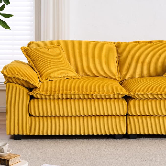 84.6” Corduroy Loveseat with Ottoman Oversized Double Chaise Lounge Chair Indoor Deep Seat Two Seater Couch Cloud Couch Modular Sectional Sofa for Living Room(Corduroy Yellow)