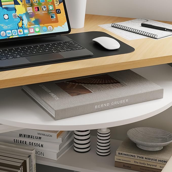 Small Corner Desk with Rotating Drawer &amp Open Shelves Triangle Study Writing Table with Circular Pattern Compact Computer Desk for Home Office White &amp Brown