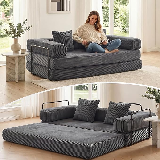 WELAX 77 Convertible Sleeper Sofa Bed Boneless Cloud Queen Futon Couches with 2 Pillows &amp Removable Armrests Corduroy Folding Floor Couch No Assembly for Bedroom Living Room Grey