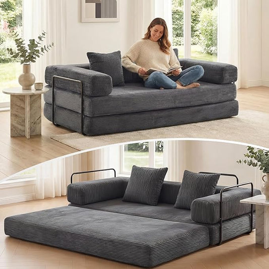 WELAX 77 Convertible Sleeper Sofa Bed Boneless Cloud Queen Futon Couches with 2 Pillows &amp Removable Armrests Corduroy Folding Floor Couch No Assembly for Bedroom Living Room Grey