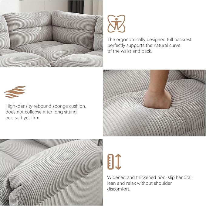 CANMOV Modular Sectional Sofa Corduroy 4-Seater Couches with Thick Cushion for Living Room Grey