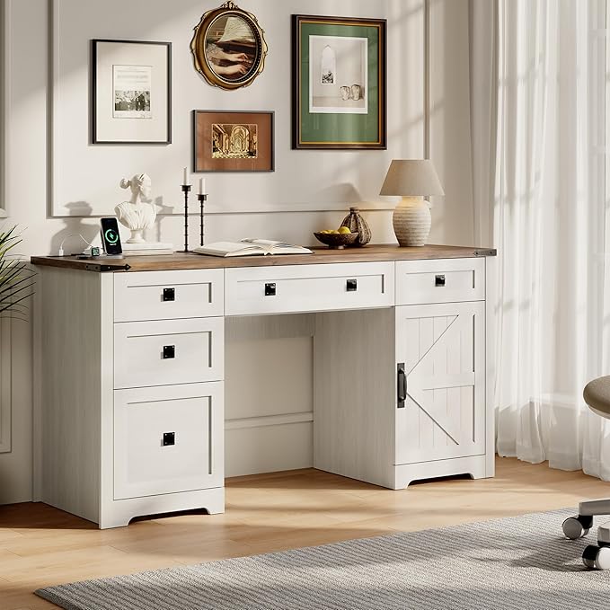 61 Farmhouse Executive Desk with Drawers Wood Home Office Desk with File Cabinet Charging Station and Storage Cabinet Computer Desk Workstation for Work and Study Antique White